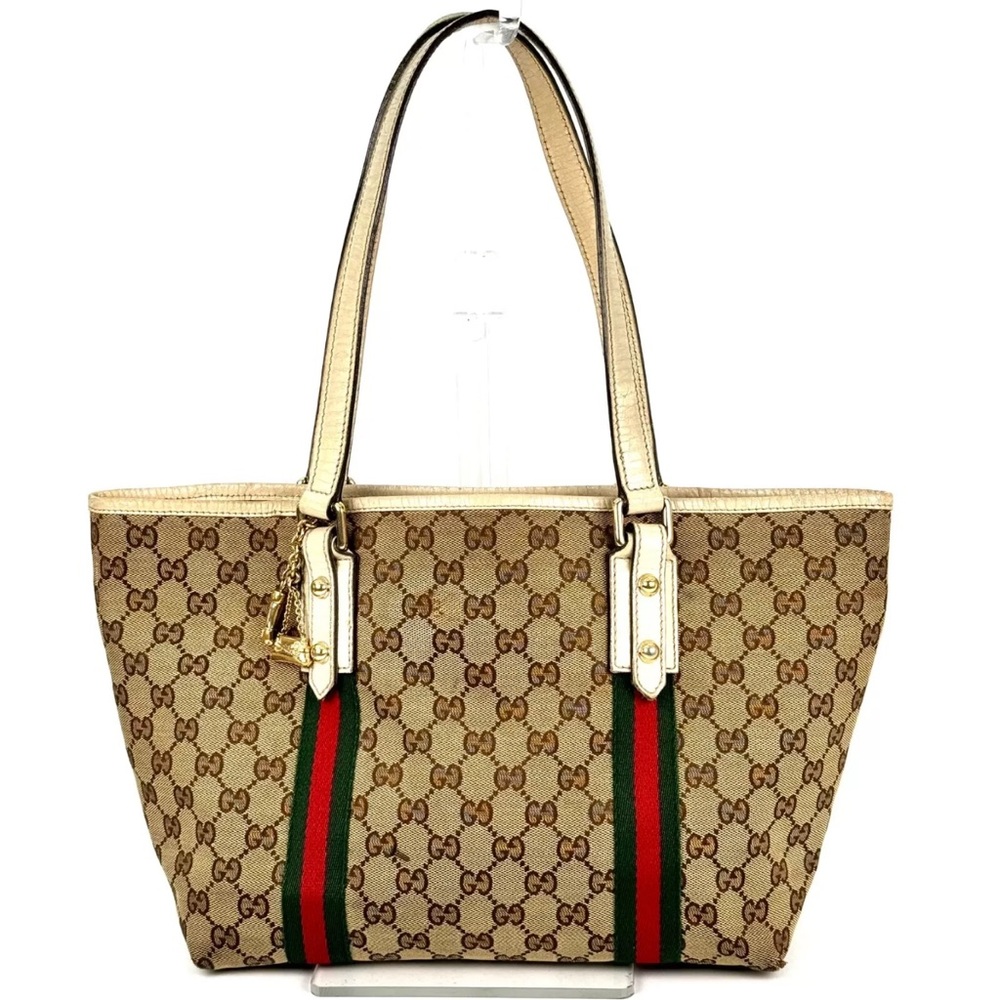 GUCCI Tote Bag Shoulder Bag Purse Sherry Line GG Canvas Brown AUTHENTIC